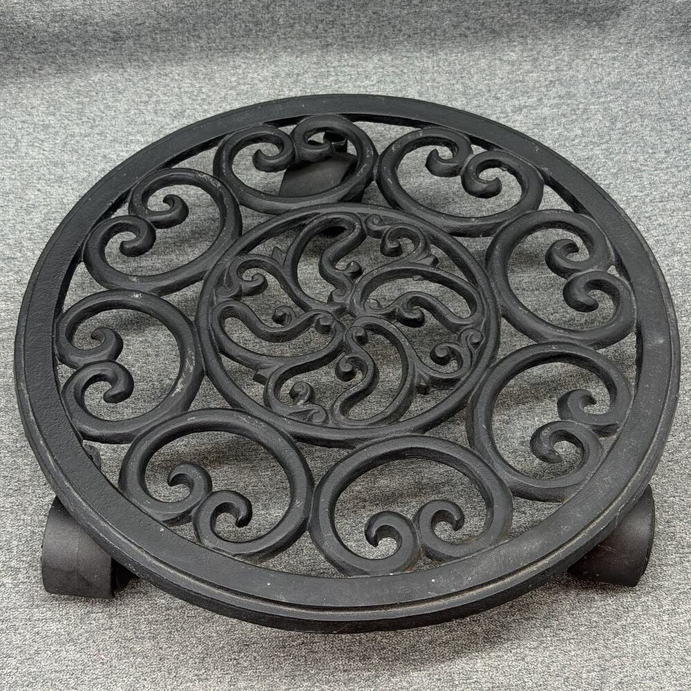 Cast Iron Plant Caddy Round Heavy Duty Black Scroll Design Rolling Stand Wheels